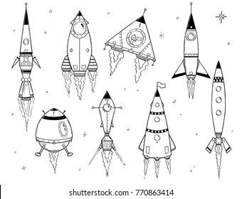 Set of cartoon vector doodle drawing of space ships spacecrafts rockets.