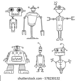 Set of cartoon vector doodle robots