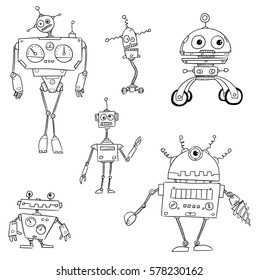 Set of cartoon vector doodle robots