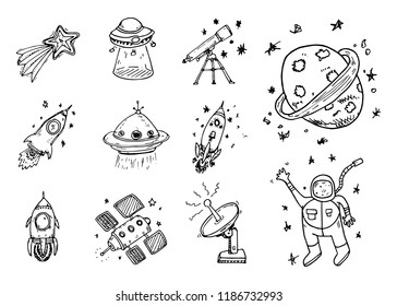 Set of cartoon vector drawing doodle vector illustration, hand drawn UFO and space objects.