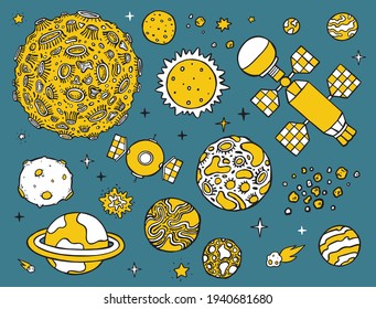 Set of cartoon vector drawing doodle illustration of space objects.