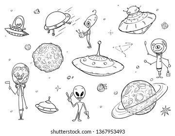 Set of cartoon vector drawings of friendly cartoon alien characters, UFO space ships and planets.