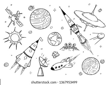 Set of cartoon vector drawings of space props like rockets, alien space ships or spaceships, UFO, planets and satellites.