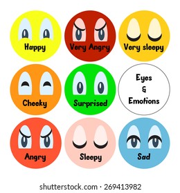 Set of cartoon vector eyes expressing emotions: happy, angry, sleepy, cheeky, surprised, sad. Cartoon elements for your character design. Flat style modern vector illustration.