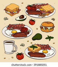 Set of cartoon vector food icons isolated on beige background. Bacon, fried eggs, egg and cheese sandwich, egg and cheese donut, tomato, coffee cup, toasted bread, eggs. Breakfast illustration.

