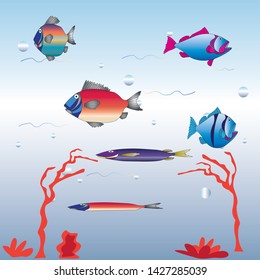 Set for cartoon Vector game with tropical fish, red corals and flowers, underwater background. Isolated elements.