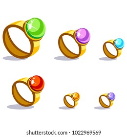 Set of cartoon vector gold rings with stones in different colors for a game