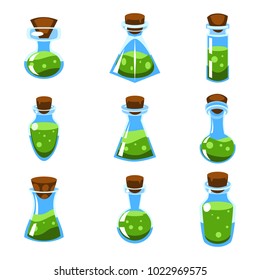 Set of cartoon vector green potions in bottles of different shape for a game