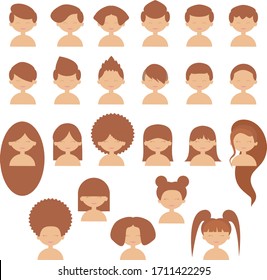 Set of cartoon vector heads of characters prepared for animation. Cute boy and girls with different hairstyles. Flat vector style.