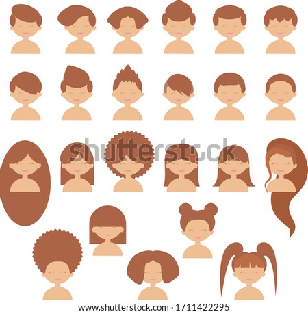 Set of cartoon vector heads of characters prepared for animation. Cute boy and girls with different hairstyles. Flat vector style.