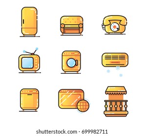Set of cartoon vector home appliance household icons. Cute color refrigerator, sofa, phone, television, washing machine, dish washing machine, air condition, web internet wi-fi access, balcony 