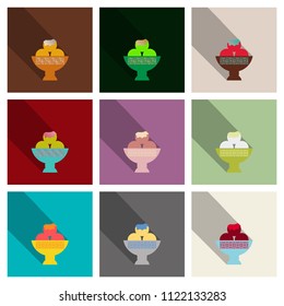 Set of cartoon vector icons. Ice cream scoops with different fruit flavors. Vanilla, chocolate, pistachio, walnut, coffee, caramel, creme brulee, tiramisu
