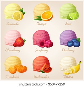 Set of cartoon vector icons. Ice cream scoops with different fruit flavors. Lemon, orange, lime, strawberry, raspberry, blueberry, mandarin, watermelon, banana