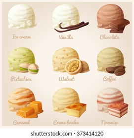 Set of cartoon vector icons. Ice cream scoops with different fruit flavors. Vanilla, chocolate, pistachio, walnut, coffee, caramel, creme brulee, tiramisu