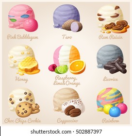 Set of cartoon vector icons. Ice cream scoops with different fruit and berry flavors. Pink Bubblegum, Taro, Rum Raisin, Honey, Licorice, Chic Chop Cookie, Cappuccino, Rainbow. Part 6