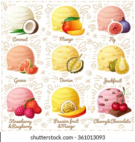 Set of cartoon vector icons isolated on white background. Ice cream scoops with different fruit and berry flavors. Coconut, mango, fig, guava, durian, jackfruit, strawberry, raspberry, chocolate