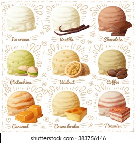 Set of cartoon vector icons isolated on white background. Ice cream scoops with different flavors. Vanilla, chocolate, pistachio, walnut, coffee, caramel, creme brulee, tiramisu. Part 1