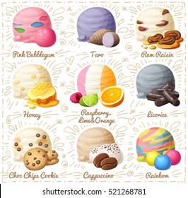 Set of cartoon vector icons isolated on white background. Ice cream scoops with different fruit and berry flavors. Bubblegum, Taro, Rum Raisin, Honey, Licorice, Chic Chop Cookie, Cappuccino, Rainbow