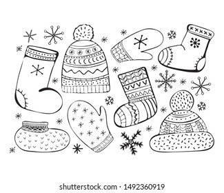 Set of cartoon vector illustration accessories. Winter icons. Socks, a cap with a pompom, mittens, valenki, shoes. Winter clothes. Hand drawn monochrome, black and white set.