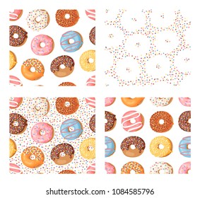 Set of cartoon vector illustration donuts. Hand drawn seamless pattern sweet bun. Actual Creative art work bake background