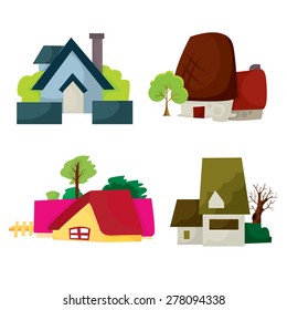 A set of cartoon vector illustration of four different residential homes.