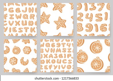 Set of cartoon vector illustration Ginger bread Cookies. Hand drawn Christmas seamless pattern with font. Actual Creative Holidays bake alphabet