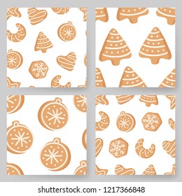 Set of Cartoon vector illustration Ginger bread Cookies. Hand drawn Christmas seamless pattern with Star, Tree, Ball, Heart, Moon, Snowflake. Actual Creative Holidays bake