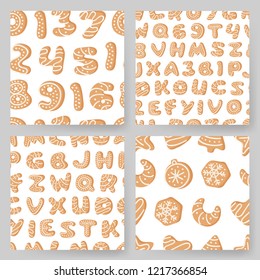 Set of cartoon vector illustration Ginger bread Cookies. Hand drawn Christmas seamless pattern with font. Actual Creative Holidays bake alphabet