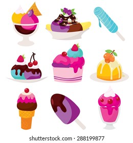 A set of cartoon vector illustration of ice cream, sundaes and popsicles
