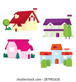A set of cartoon vector illustration of residential homes or houses.