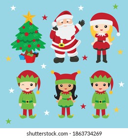 Set cartoon vector illustration Santa and children with christmas tree