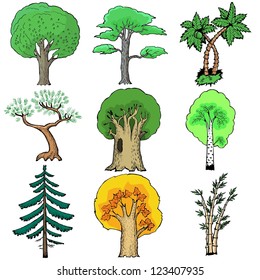 Set of cartoon, vector illustration of trees
