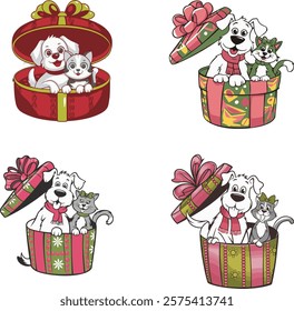 A set of cartoon Vector illustration of a white dog and a gray cat inside a beautiful gift box