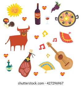 Set of cartoon vector illustrations about Spain and spanish culture