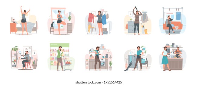 Set of cartoon vector illustrations of contemporary young female doing various activities in morning during everyday life in modern city. Woman daily routine. Flat style cartoon character