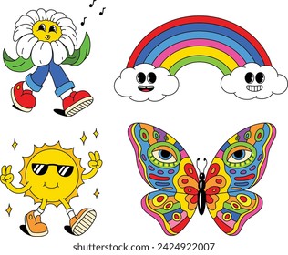 Set of cartoon vector illustrations on the hippie theme, groovy style, positive sun, clouds, rainbow, butterfly and flower characters isolated on white background