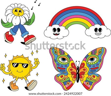 Set of cartoon vector illustrations on the hippie theme, groovy style, positive sun, clouds, rainbow, butterfly and flower characters isolated on white background