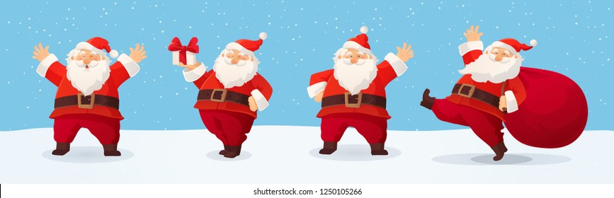 Set of cartoon vector illustrations of Santa Claus. Happy Santa with gift, bag with presents, waving and greeting. Funny and cute retro character. For new year cards, banners, headers, posters.