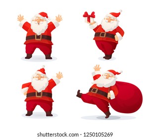 Set of cartoon vector illustrations of Santa Claus isolated on white. Happy Santa with gift, bag with presents, waving and greeting. Funny, cute retro character. For new year cards, banners, posters