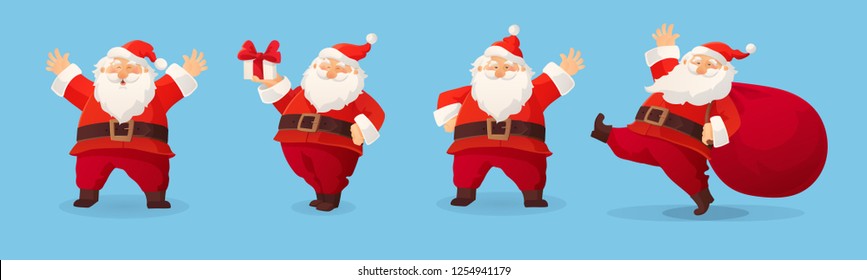 Set of cartoon vector illustrations of Santa Claus. Happy Santa with gift, bag with presents, waving and greeting. Funny and cute retro character. For new year cards, banners, headers, posters.