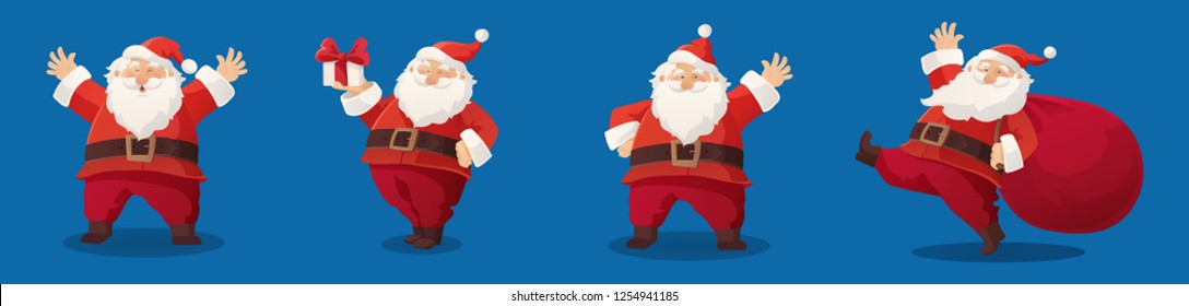 Set of cartoon vector illustrations of Santa Claus. Happy Santa with gift, bag with presents, waving and greeting. Funny and cute retro character. For new year cards, banners, headers, posters.