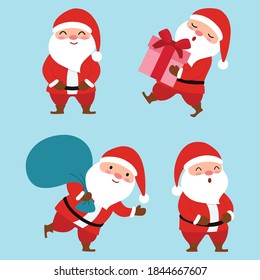 Set of cartoon vector illustrations of Santa Claus .Pack of Santa Claus isolated on blue. For Christmas cards, banners, tags and labels.Vector,EPS 10.

