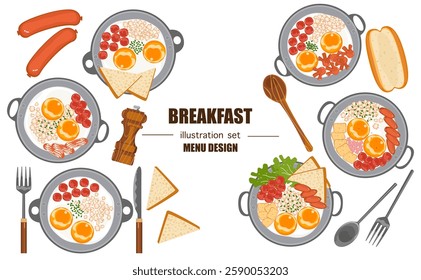 Set of cartoon vector illustrations of Thai breakfast for meals and single dishes. Delicious food, flat design, eggs, pan eggs, fried eggs, bread, sausage, top view, menu, restaurant, white background