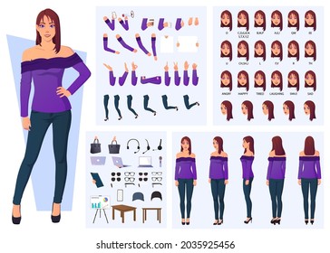 Set of Cartoon Vector Illustrations for Trendy Woman Character Creation with Front, Side, Back View 