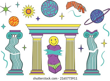 Set Of Cartoon Vector Illustrations In Trendy Psychedelic Style. Psychedelic Trippy Greek Sculpture With Planet And Surreal Elements. Sticker Pack Of Trippy Greek Elements