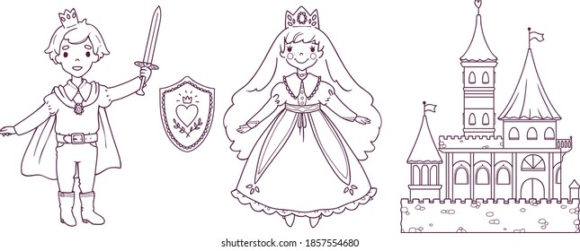 set of cartoon vector images of prince and princess and royal coat of arms and castle
