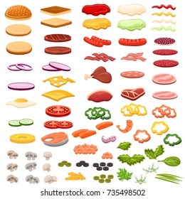Set of cartoon, vector ingredients for burger and sandwich isolated on white background