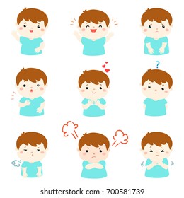 Set of cartoon vector kid emotions on white background.
Variety boy face expression illustration.