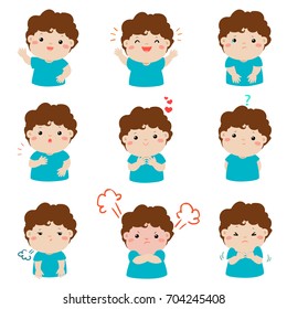 Set of cartoon vector kid emotions on white background.Variety boy face expression illustration.