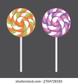 A set of cartoon vector lollipops with a shiny, 3D appearance. Featuring vibrant orange and purple colors, the design is perfect for candy shops, sweet treats, party decor, or playful food themes.
